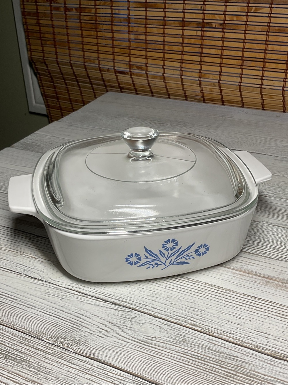 Corningware White Casserole Dish with Blue Floral Pattern and Glass Lid